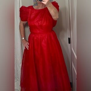 VTG Pantagis Red Puff Sleeve Midi Dress Deep V Back & Zip, Shoulder Pads Size 14